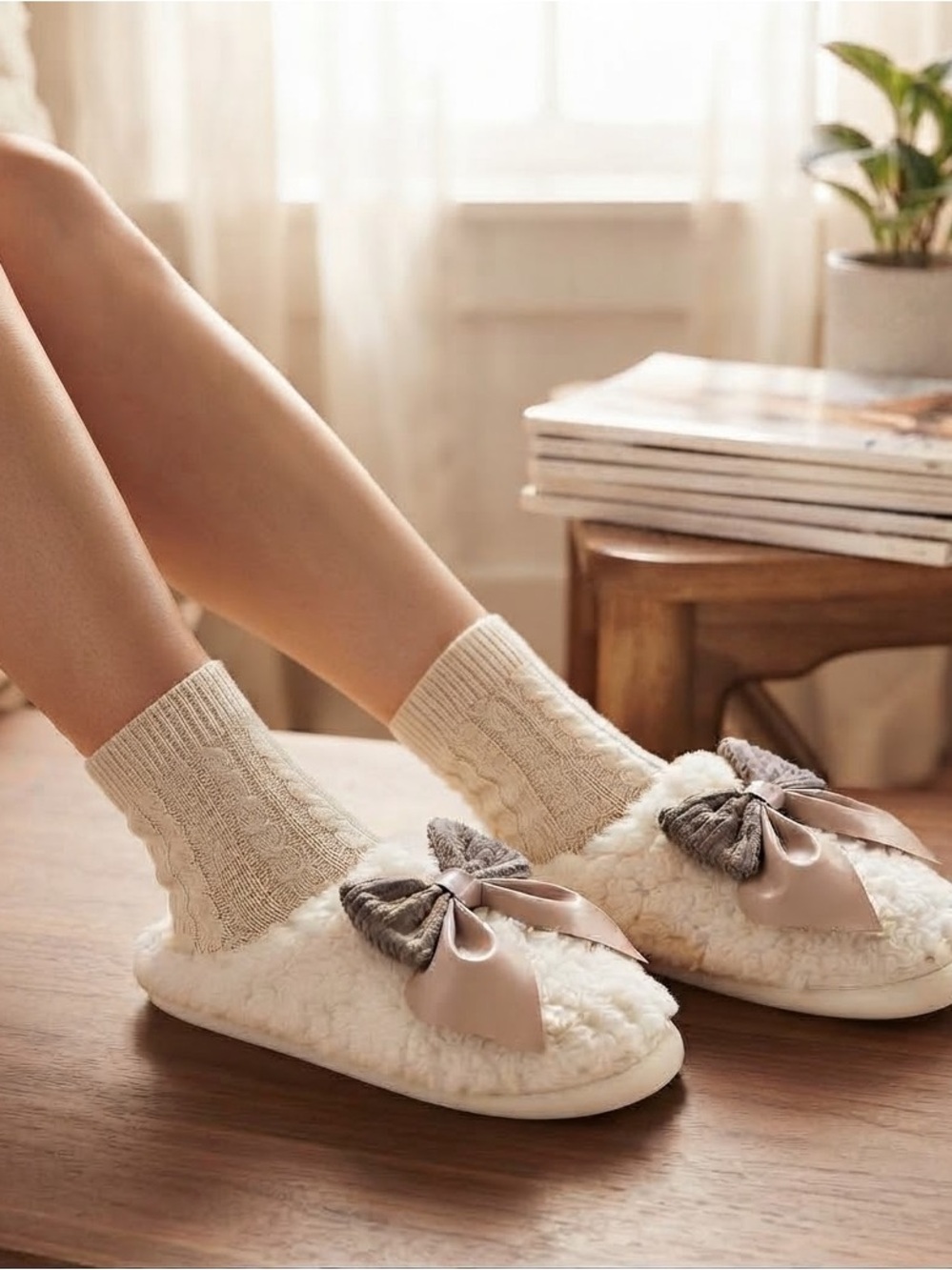 Plush Fuzzy Slippers House Shoes Bow Slip-On Size 7.5-8 / 38-39